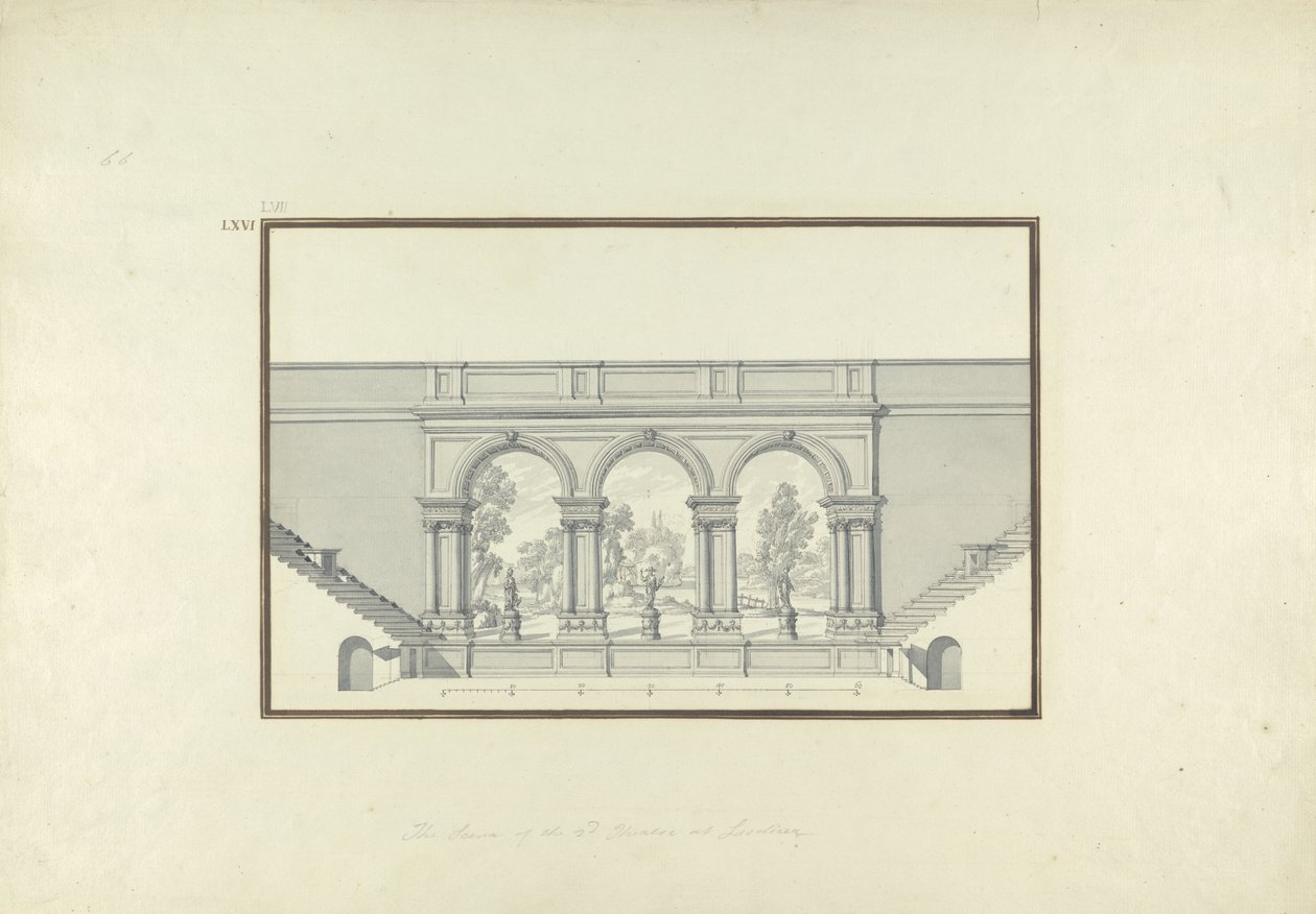 Reconstrução do Segundo Teatro de Laodicéia, c.1750 (caneta e tinta e lavagem sobre grafite sobre papel) de Giovanni Battista Borra