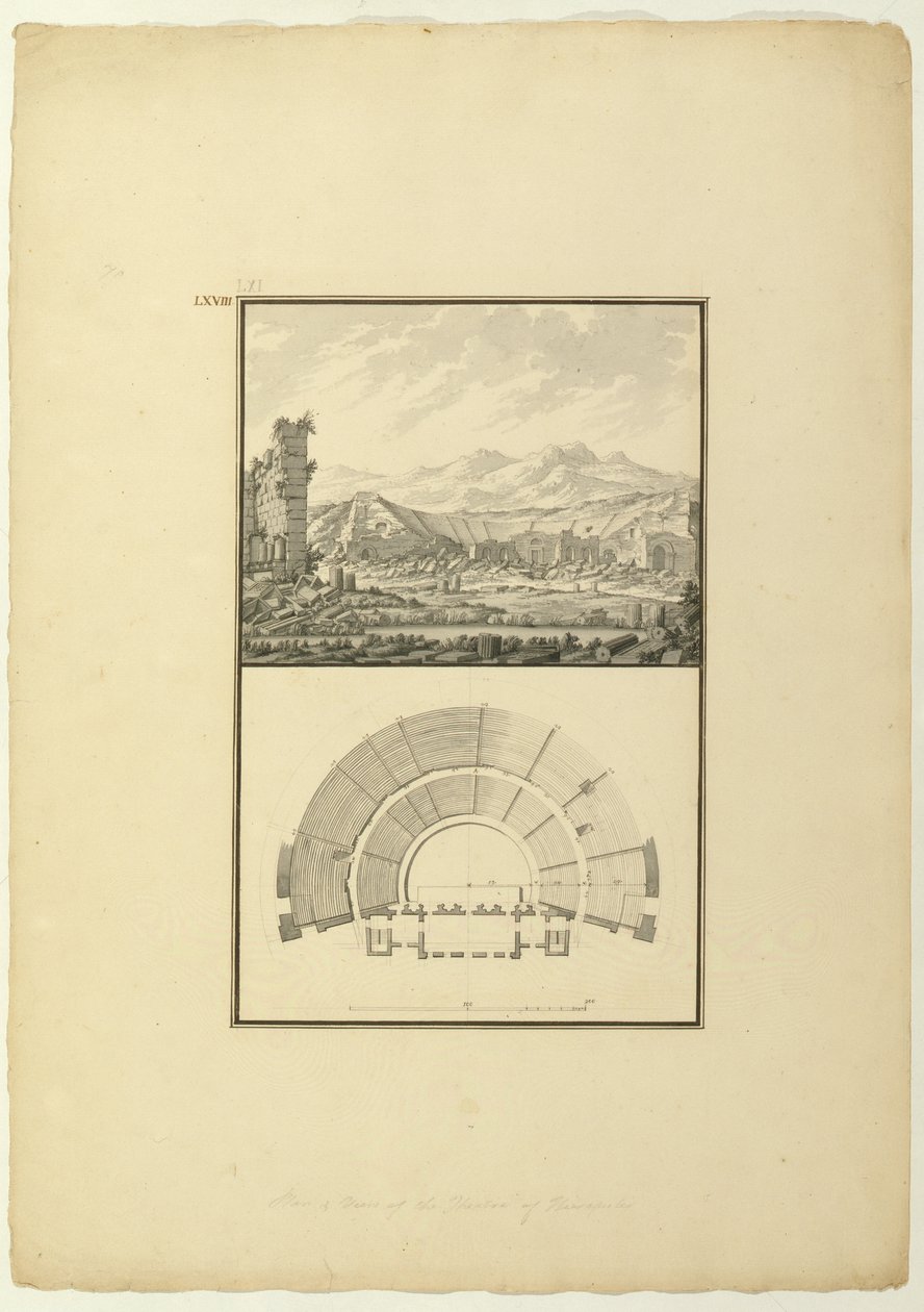 Ver e Plano do Teatro de Hierápolis (agora Pamukkale), c.1750 (caneta e tinta e lavar no papel) de Giovanni Battista Borra