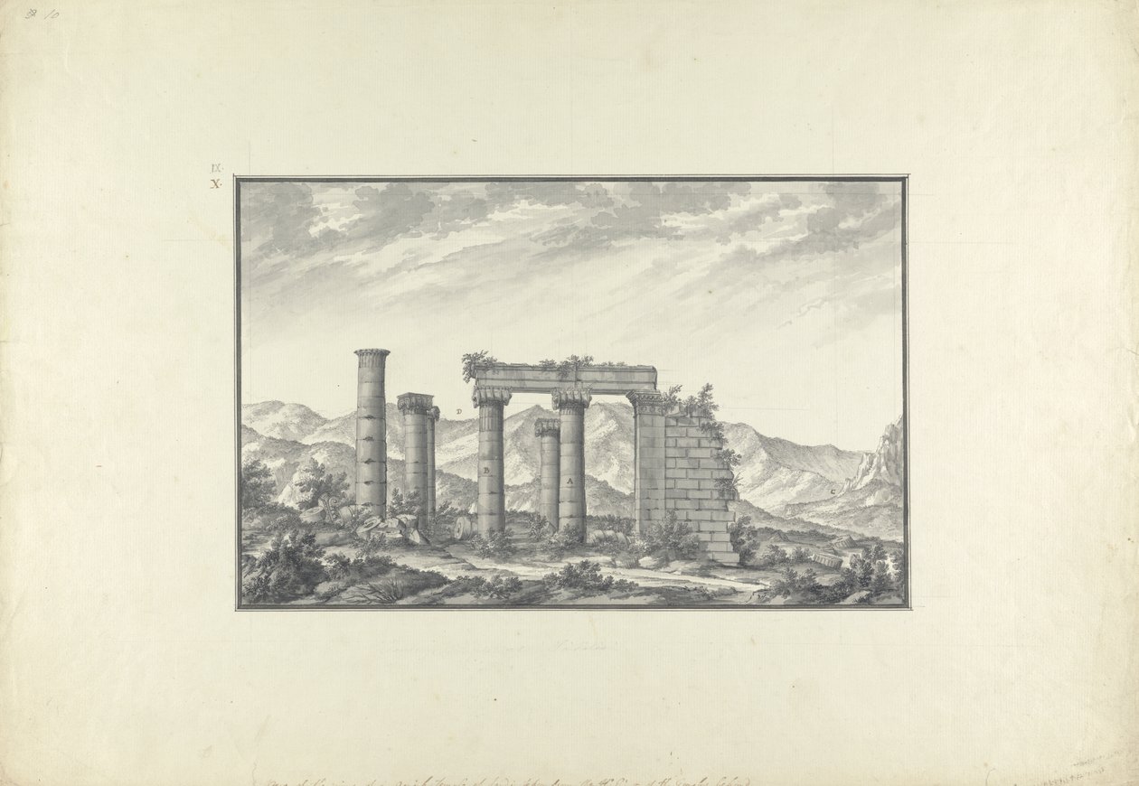 Vista das ruínas de um templo iônico em Sardes, provavelmente o Templo de Netuno, c.1750 (lavagem cinza, caneta e tinta e lápis sobre papel) de Giovanni Battista Borra
