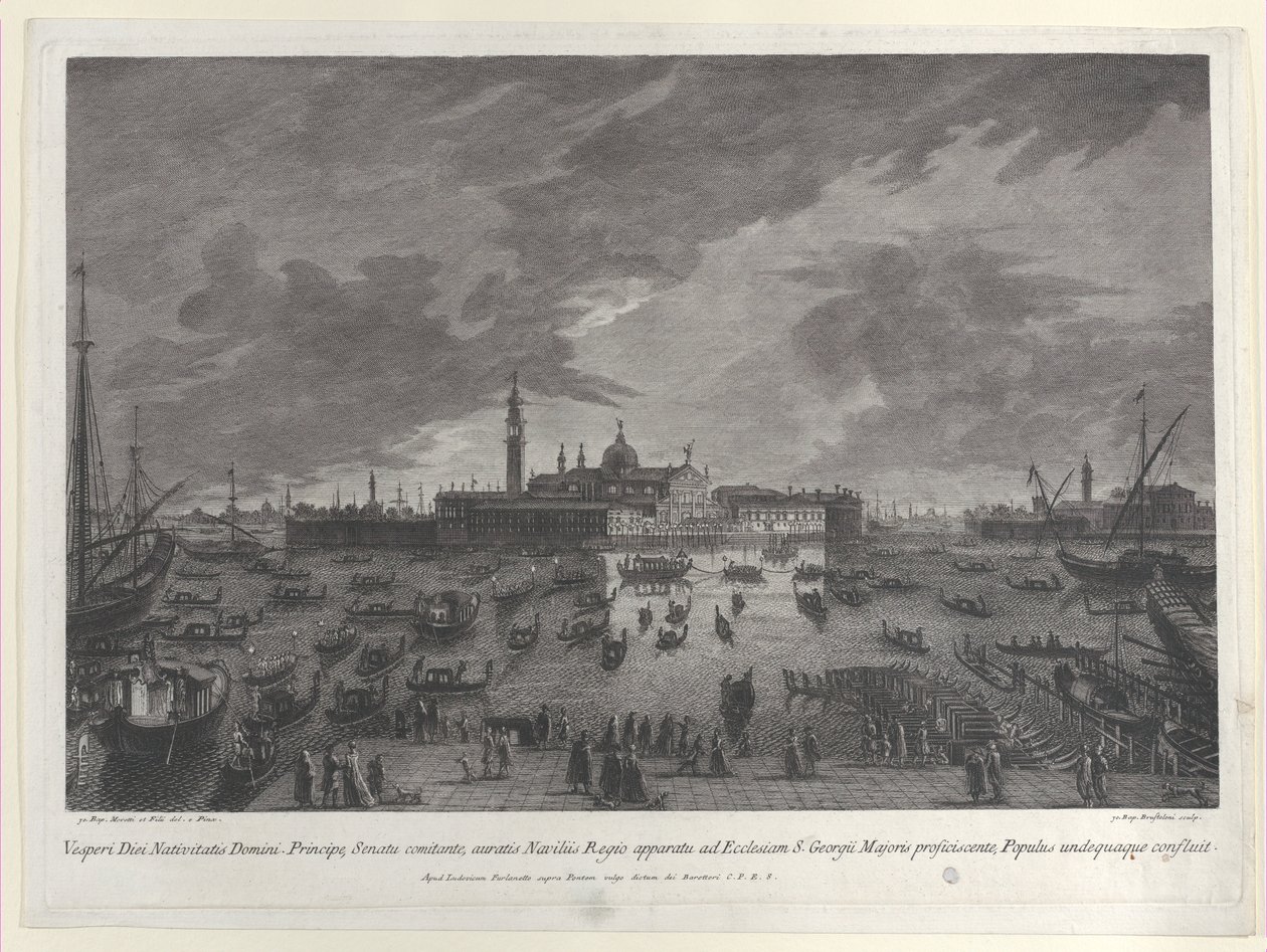 Vista noturna da procissão na véspera de Natal do Doge e Senado veneziano para San G..., 1763. de Giovanni Battista Brostoloni