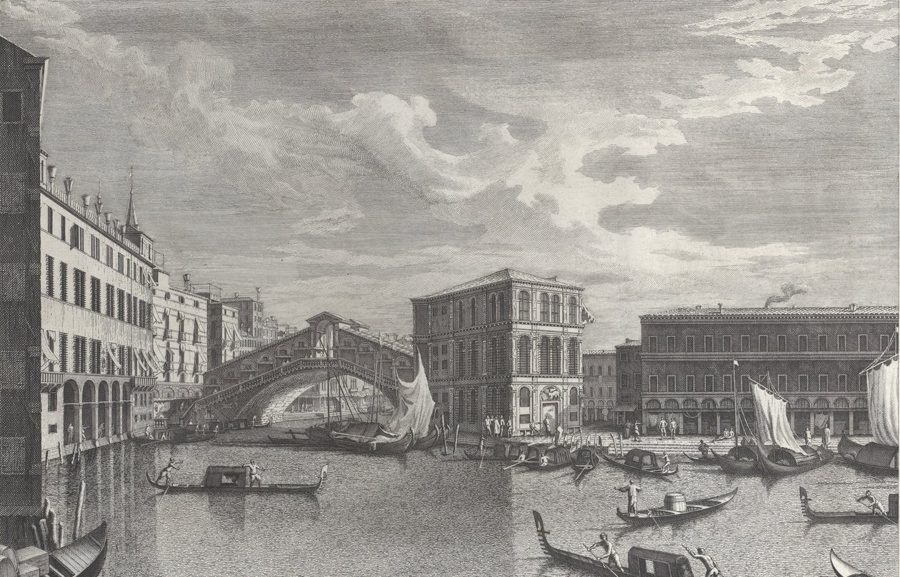 A Ponte Rialto, Veneza, com barcos e gôndolas na água, 1763. de Giovanni Battista Brostoloni