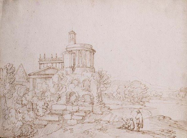 Fantasia, Vista com a Pirâmide de Caius Cestus e o Templo das Sibilas (tinta marrom sobre giz preto sobre papel) de Giovanni Battista Busiri