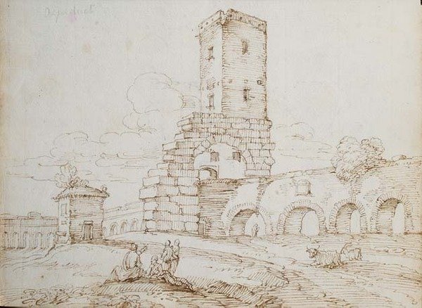Figuras em frente de um Aqueduto (tinta castanha sobre giz preto no papel) de Giovanni Battista Busiri