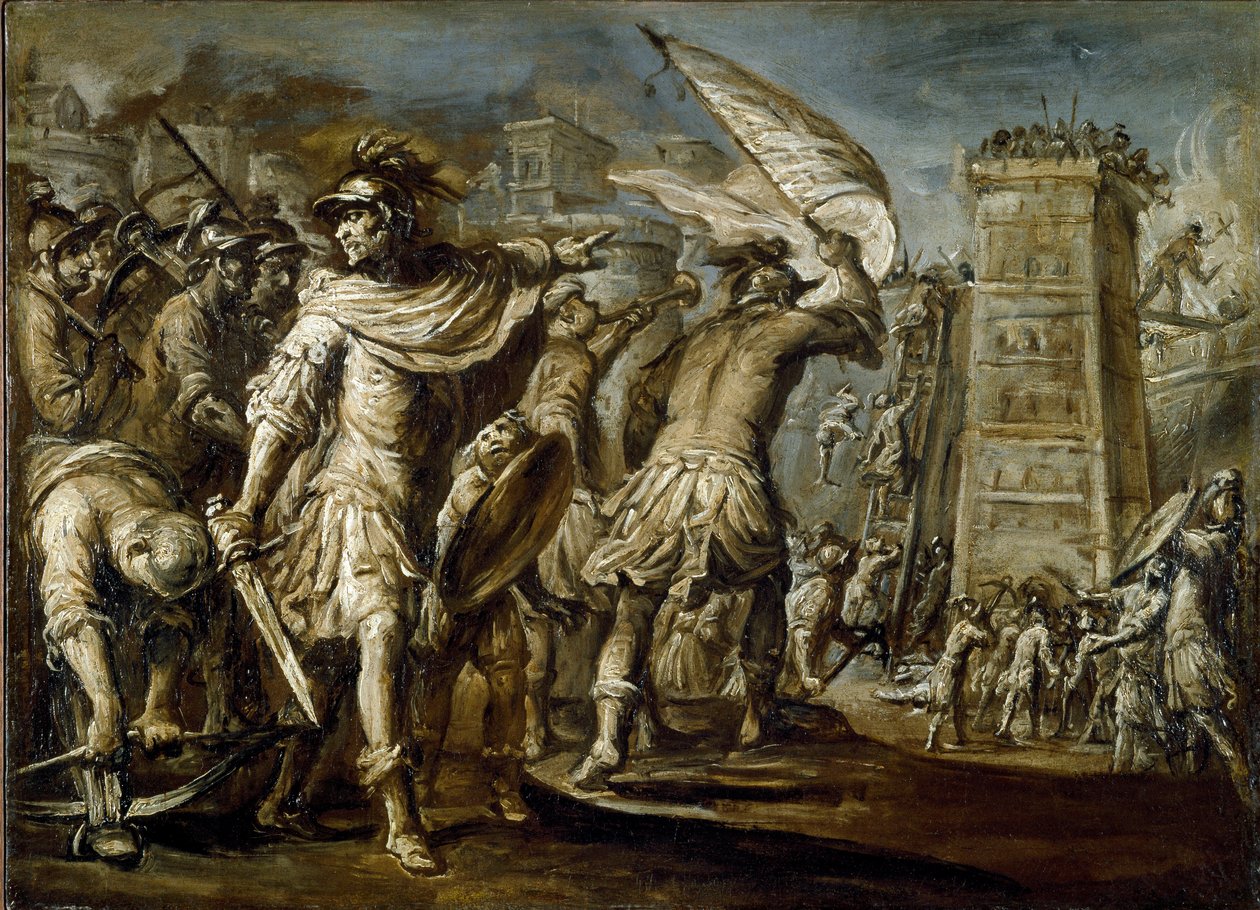 Primeira cruzada: “” O condottiero Guglielmo Embriaco de Gênova durante a captura de Jerusalém ”” É a origem de uma torre de assalto feita com madeiras de navios de Gênova. Pintura monocromática de Giovanni Battista Carlone de Giovanni Battista Carlone