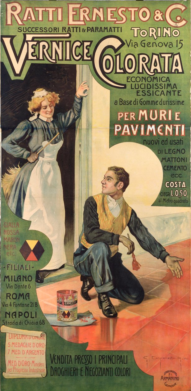 Cartaz publicitário para a Ratti Ernesto anc Co. Lojas de Pintura, Itália de Giovanni Battista Carpanetto