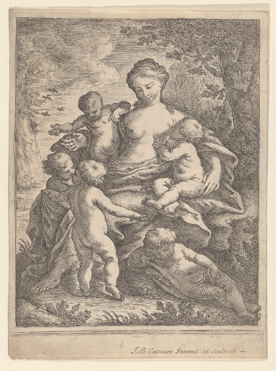Charity, sentado em uma paisagem cercada por cinco crianças nuas, 1692-1727. de Giovanni Battista Catenaro