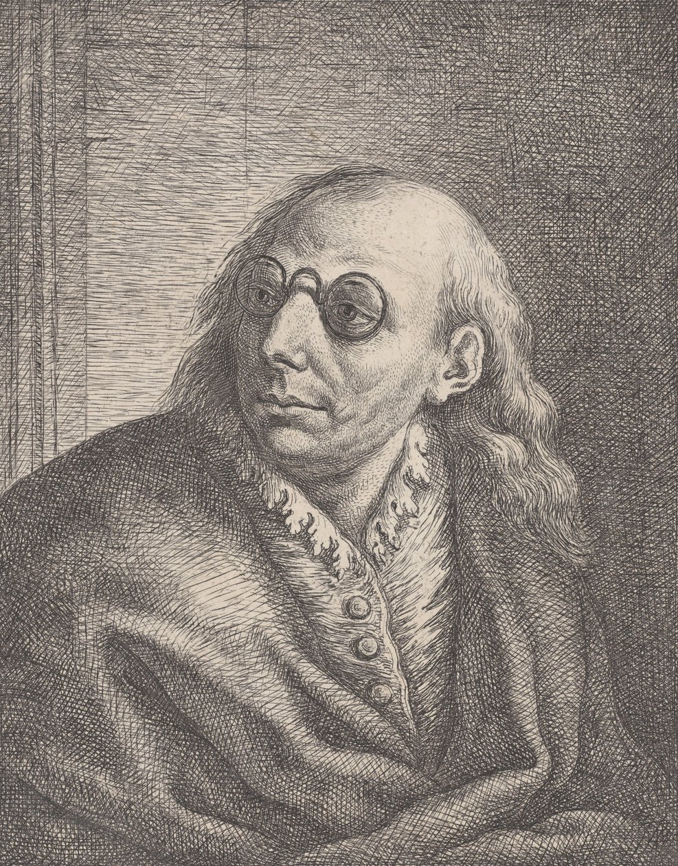 Retrato de Luca Giordano, usando óculos redondos e olhando para a esquerda, 1692-1727., 1692-1727. de Giovanni Battista Catenaro
