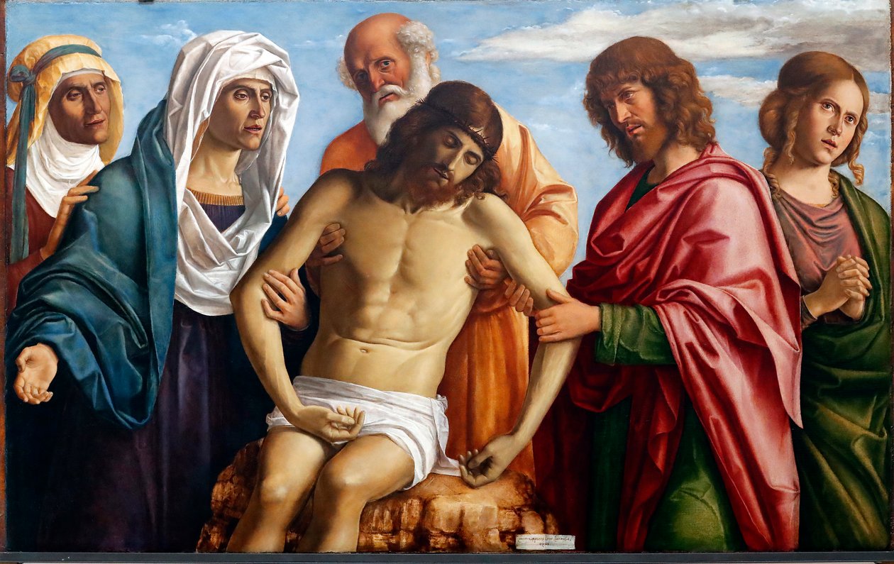 Cristo morto apoiado pela Virgem Maria, Nicodemos, São João Evangelista e as Duas Marias (pintura) de Giovanni Battista Cima da Conegliano
