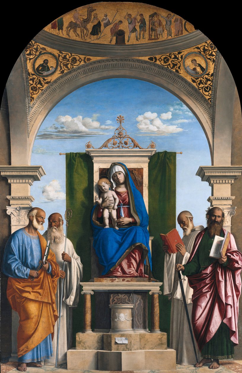 Madonna entronizada com o Menino e os Santos Pedro, Romuald, Bento e Paulo, ca 1595 de Giovanni Battista Cima da Conegliano