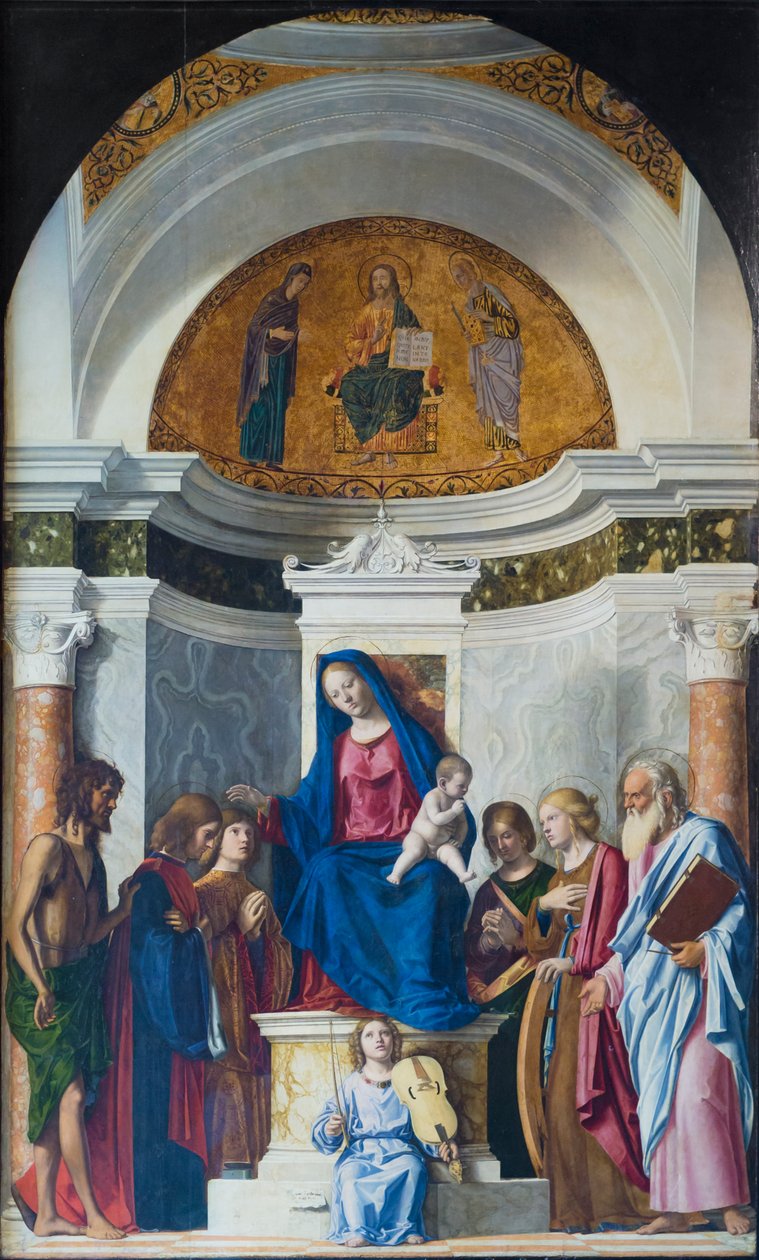 Nossa Senhora Entronizada com o Menino e São João Batista, São Cosme e São Damião, c.1507 (óleo sobre madeira) de Giovanni Battista Cima da Conegliano