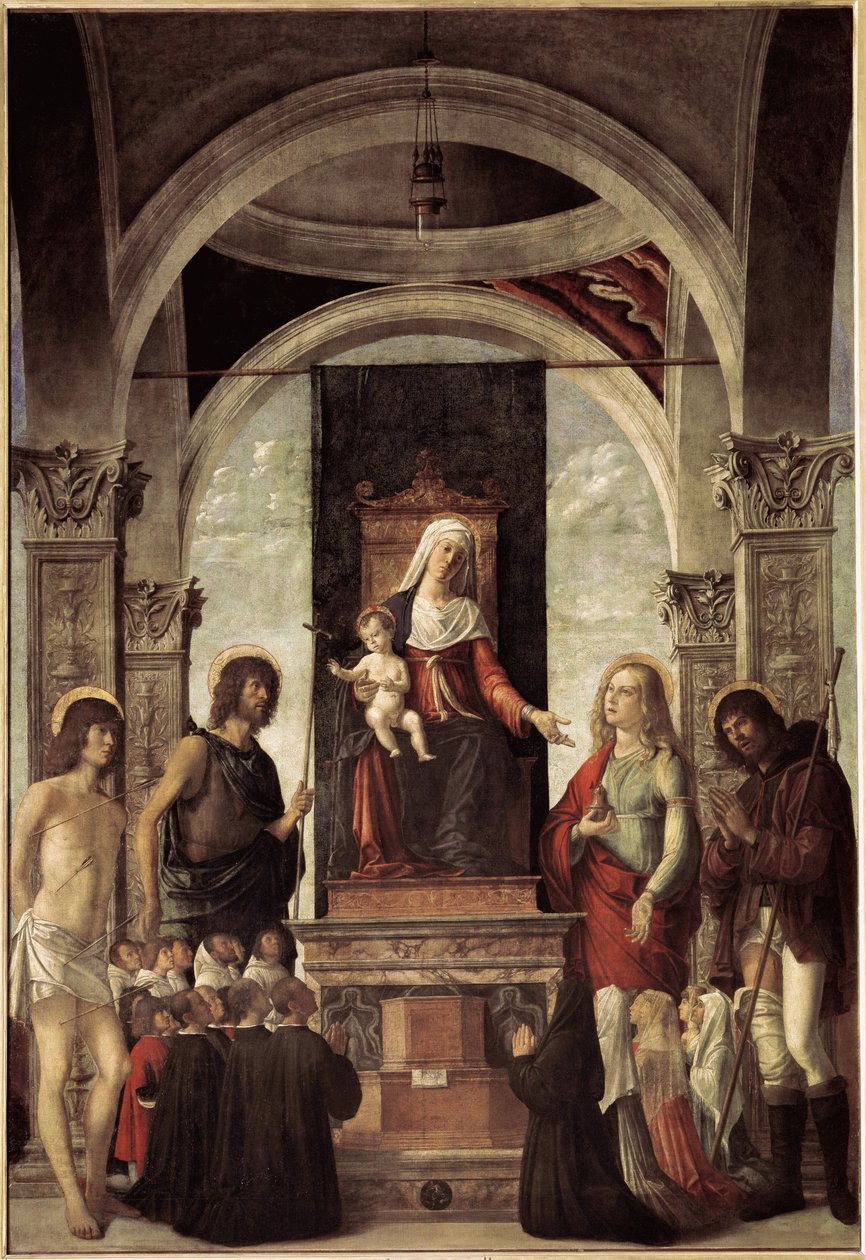 Santa conversa, virgem com criança rodeada por São João Batista, São Sebastião, São Roch, Santa Maria Madalena (óleo sobre tela, c.1487-1488) de Giovanni Battista Cima da Conegliano