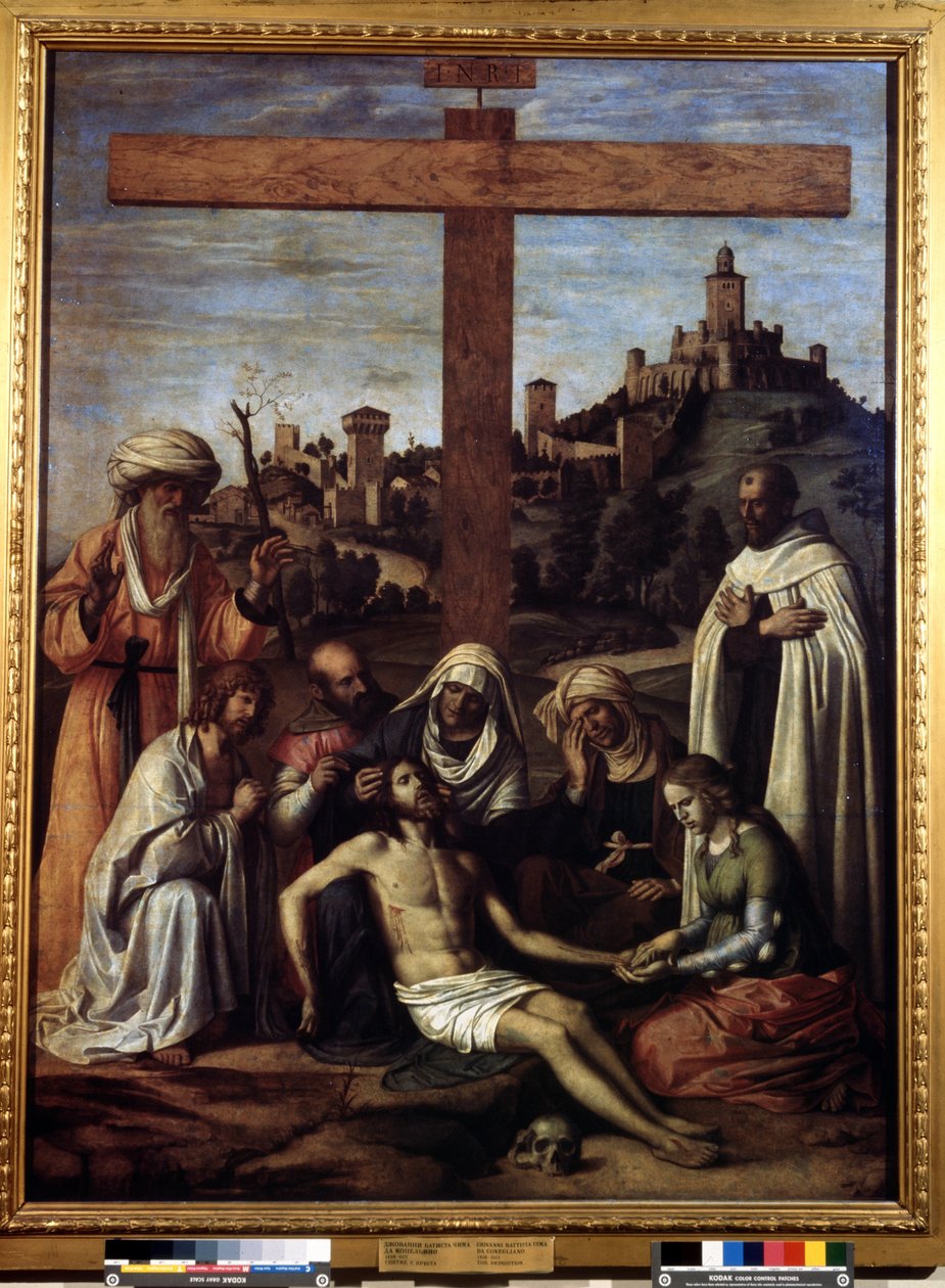 Inscrição "La deposition" "INRI" sur la croix. Peinture de Giovanni Battista Cima da Conegliano (vers 1459-1517) 16eme siecle Dim. 199x148 cm Musee Pouchkine, Moscou de Giovanni Battista Cima da Conegliano