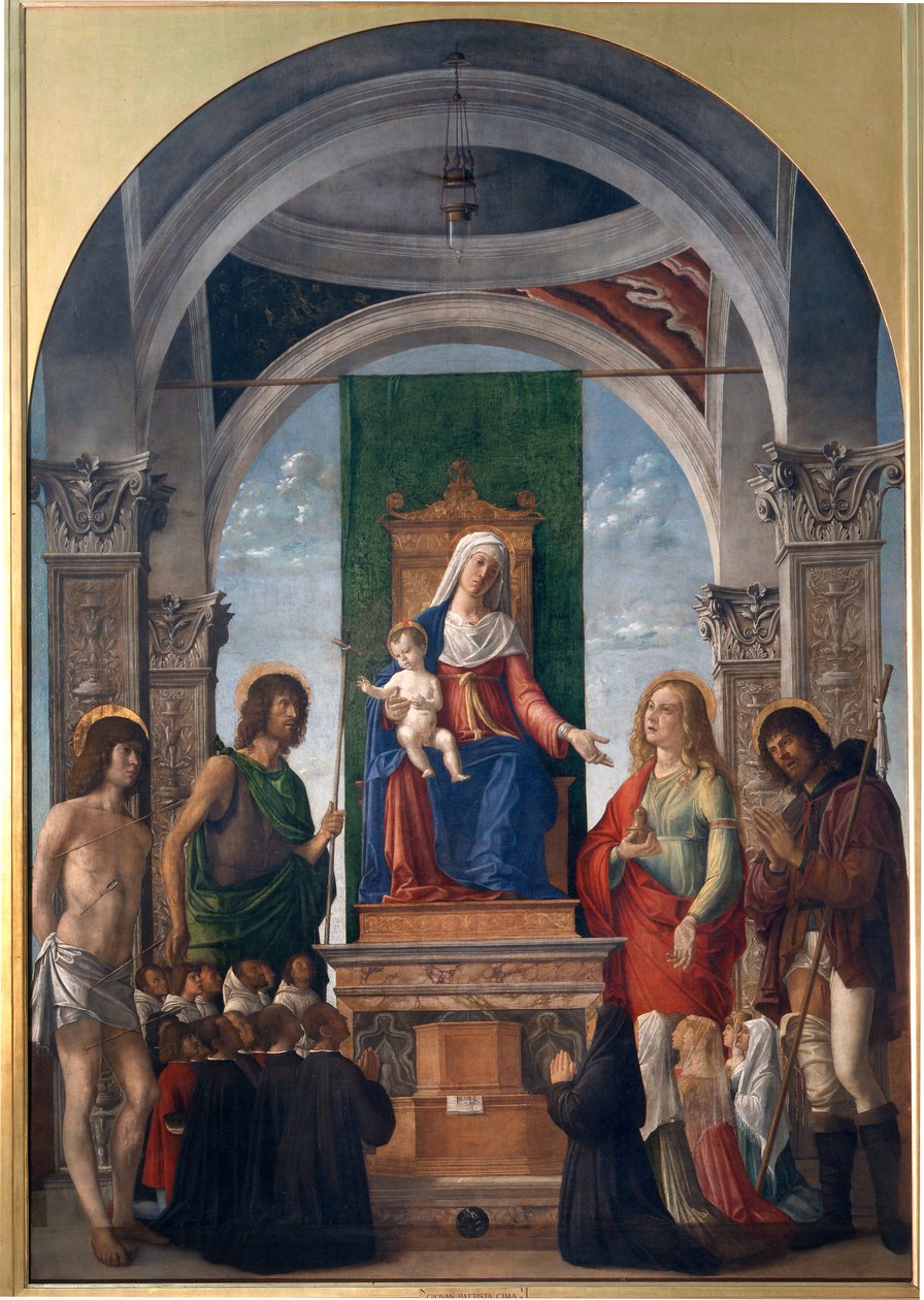 Madonna e Criança Entronizada com São Sebastião, São João Batista, Santa Maria Madalena, São Roch e Membros da Confraria de San Giovanni Evangelista de Giovanni Battista Cima da Conegliano