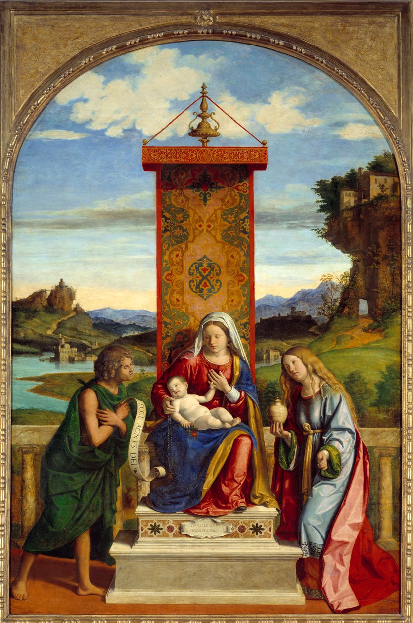 A Virgem tem um filho entre São João Batista e Santa Maria Madalena. Pintura de Cima Da Conegliano (1459-1517) de Giovanni Battista Cima da Conegliano