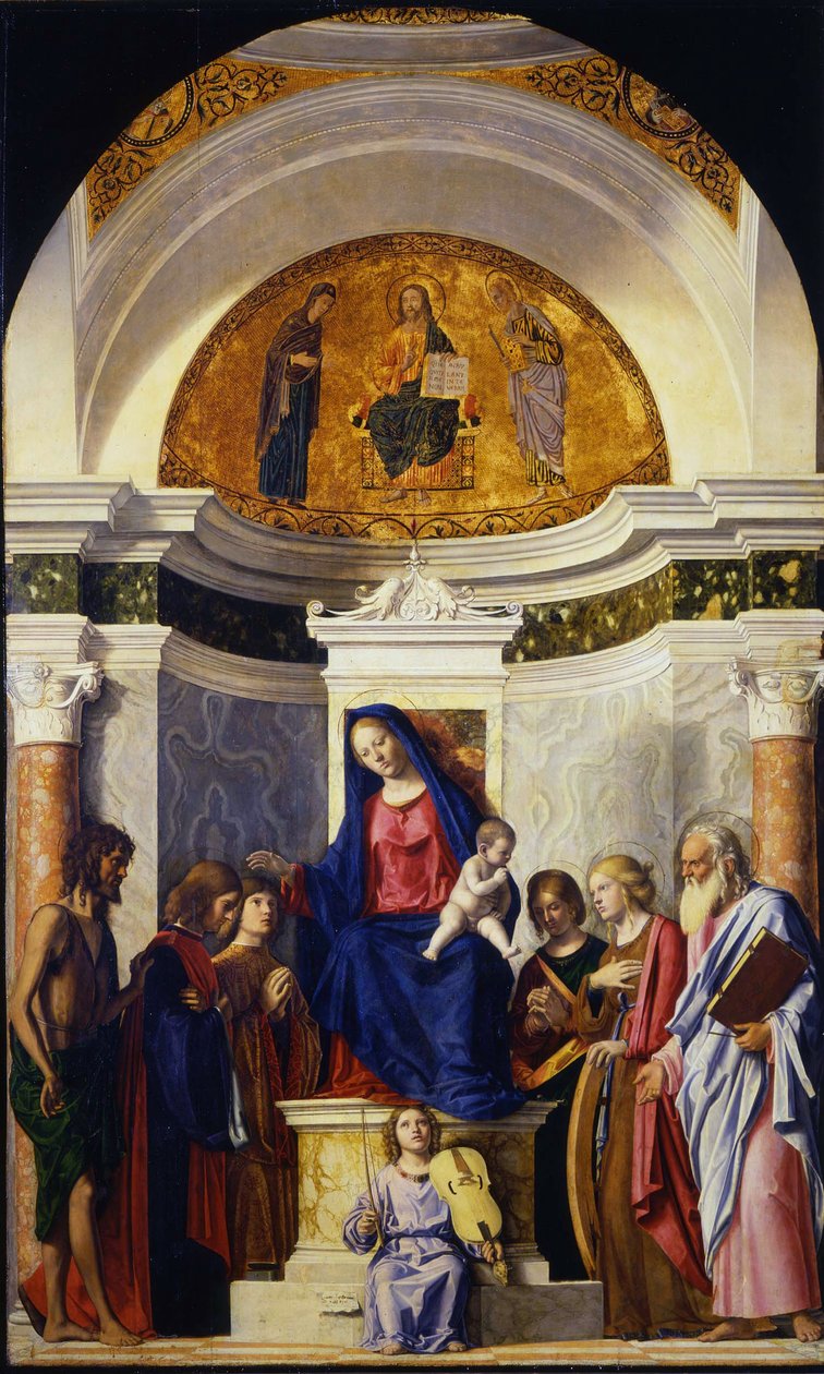 Virgem e o Menino com os Santos João Batista, Cosme e Damião, Catarina e Paulo, ca 1506-1507 de Giovanni Battista Cima da Conegliano