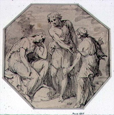 Um homem e duas mulheres conversando (desenho) de Giovanni Battista Cipriani