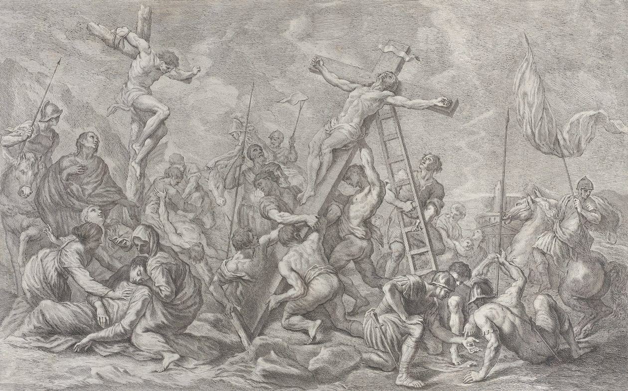 A Crucificação, com o abaixamento da cruz no centro, soldados por toda parte e um ladrão..., 1762. de Giovanni Battista Cipriani