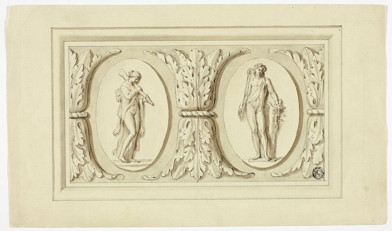 Dois medalhões com as figuras de Omphale e Baco em pé, separados por um desenho de folhas de acanto de Giovanni Battista Cipriani
