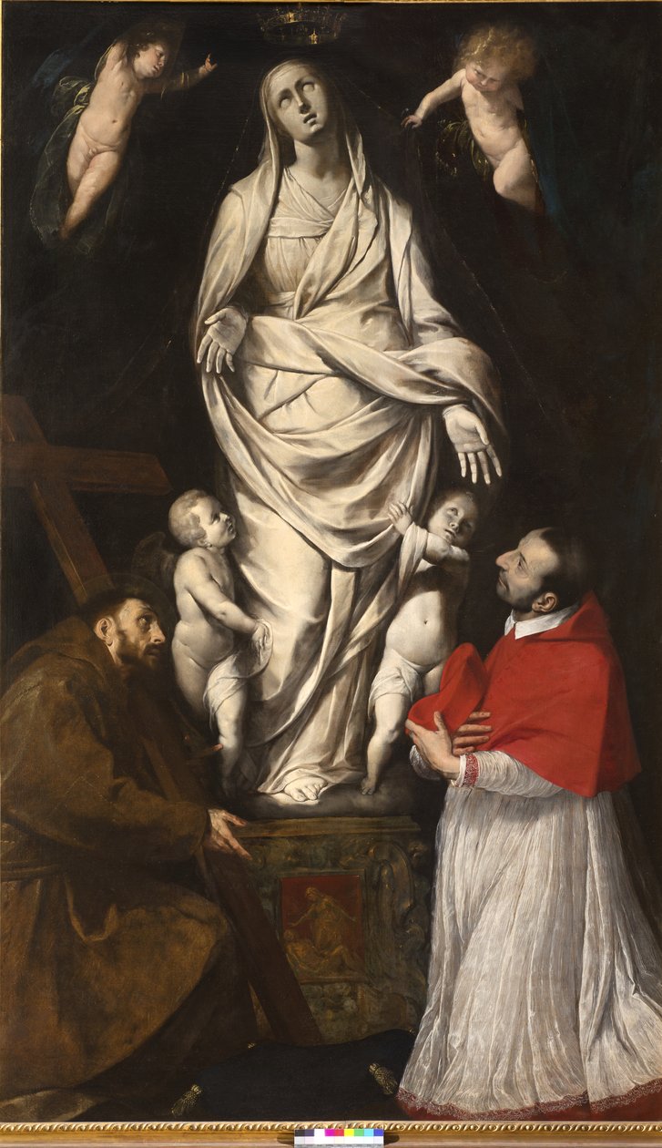 São Francisco e o Beato Carlos Borromeo em oração em frente à estátua de Nossa Senhora em San Celso em Milão, c.1610 de Giovanni Battista Crespi