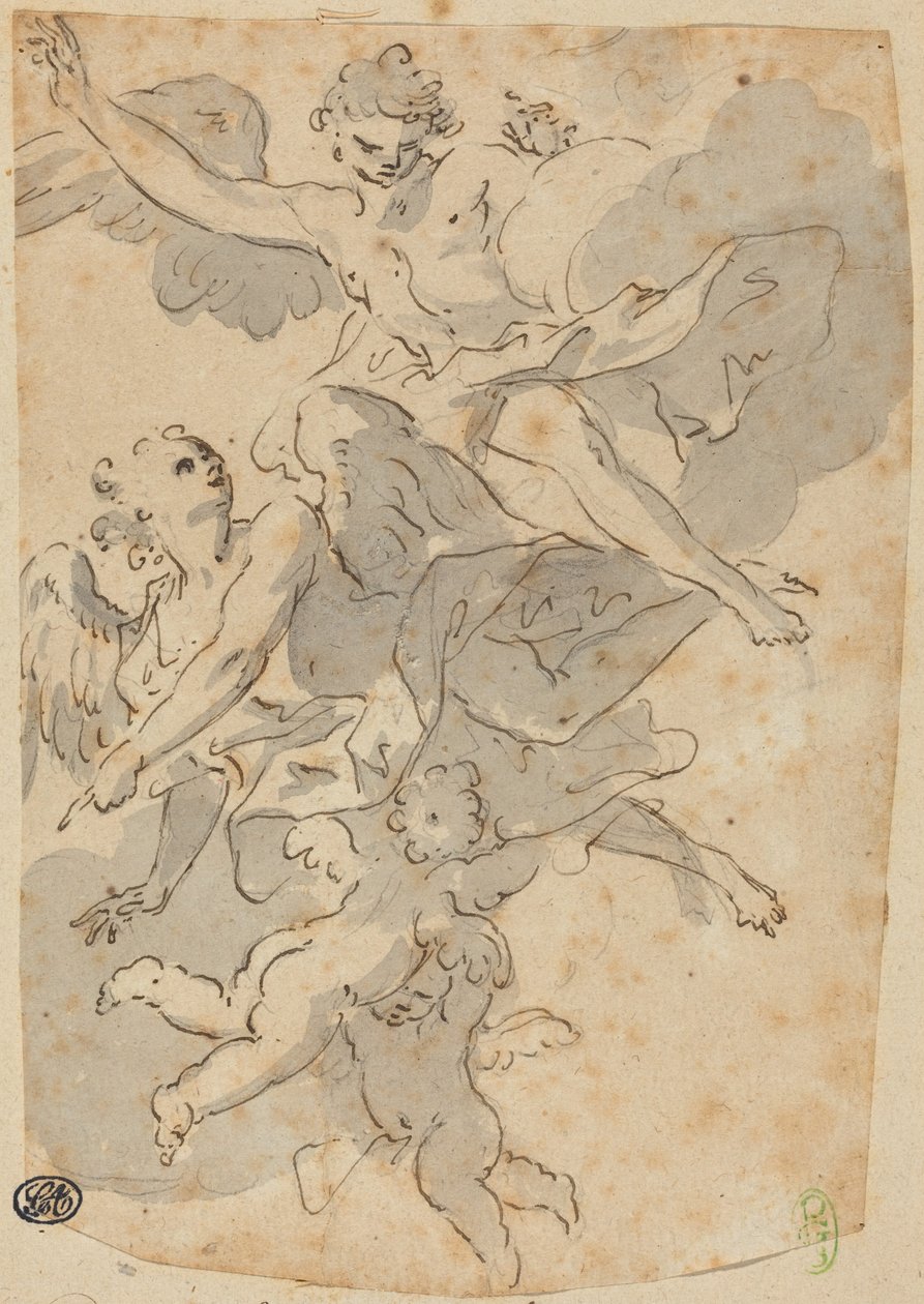 Anjos e Putti (caneta e tinta castanha com lavagem cinzenta sobre carvão; pousado) de Giovanni Battista Crosato