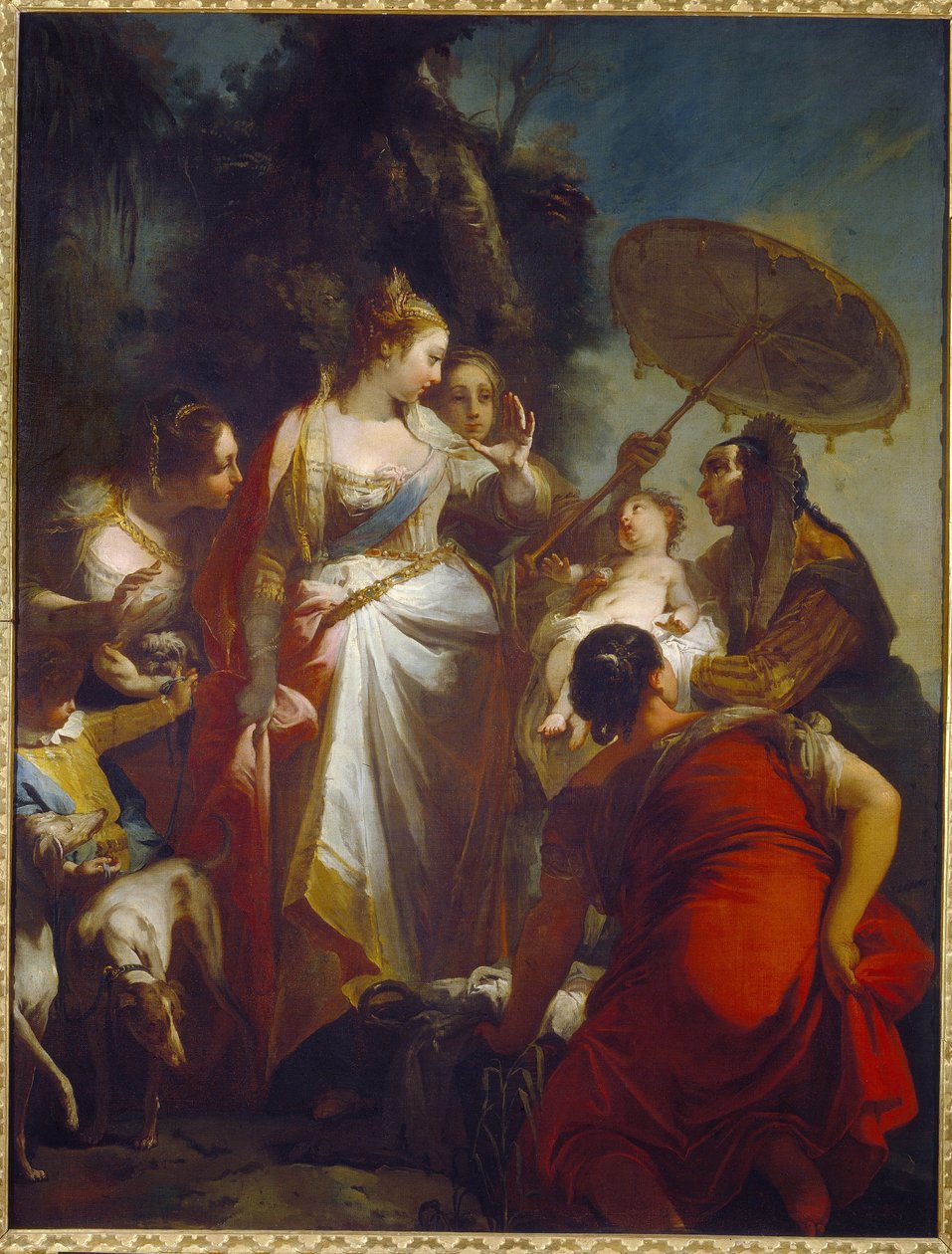 A descoberta de Moisés. (A descoberta de Moisés). A filha do faraó decide adotar o novo encontrado em uma cesta perto do Nilo (Egito). Pintura de Giovanni Battista Crosato (por volta de 1697-1758), óleo sobre tela, por volta de 1730. Arte italiana (Veneza) de Giovanni Battista Crosato