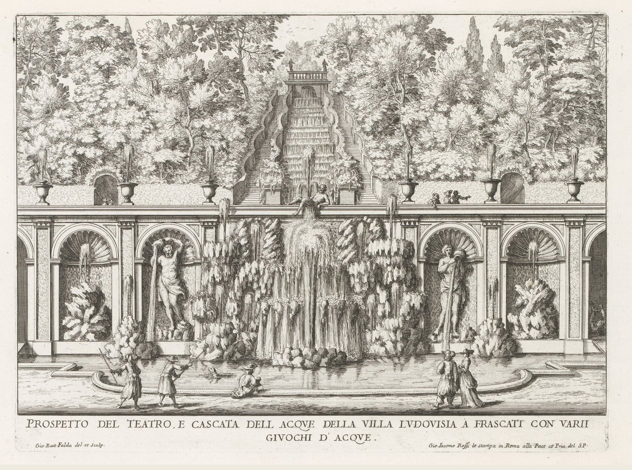 Cascade en Teatro delle Acque in de tuinen van de Villa Torlonia te Frascati
Prospetto del teatro e cascata dell