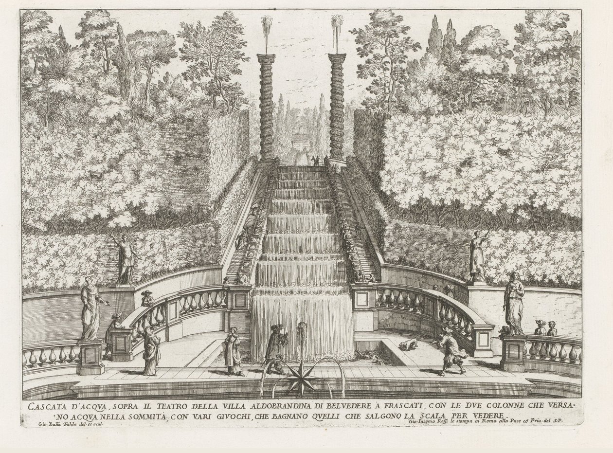 Cascade in de tuinen van de Villa Aldobrandini te Frascati
Cascata acima do teatro da Villa Aldobrandina di Belvedere em Frascati (...) (título sobre o objecto)
Fontes das vilas de Frascati (título da série)
Fonteinen van Frascati (título da série) de Giovanni Battista Falda