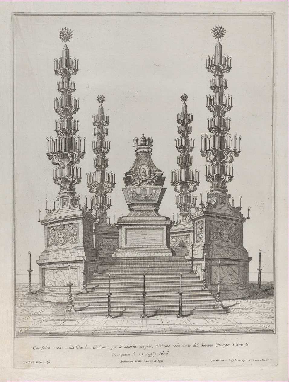 Catafalco para o Papa Clemente X: estrutura central erguida sobre plataforma de 15 degraus, com c..., 1676. de Giovanni Battista Falda