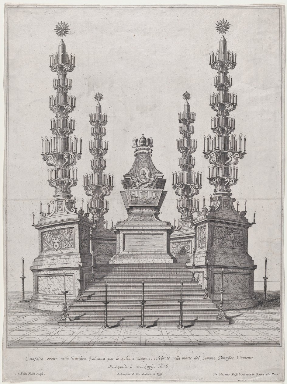 Catafalco para o Papa Clemente X, estrutura central no topo de uma plataforma de quinze degraus, com..., 1676. de Giovanni Battista Falda
