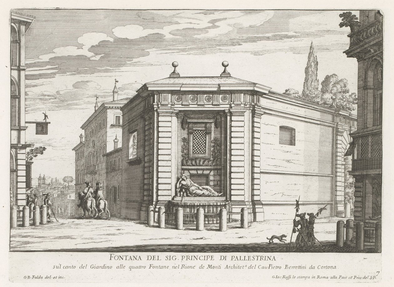 Dianafontein van de Quattro Fontane te Roma Fonte do Sr. Principe di Pallestrina (título no objeto) Fontes de Roma (título da série) Fonteinen van Rome (título da série) de Giovanni Battista Falda