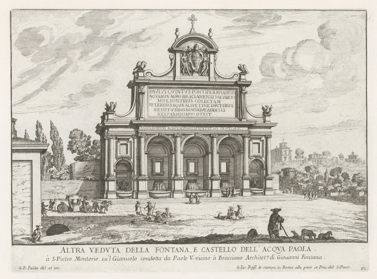 Acqua Paola fountain te Roma
Outra vista da fonte, e do castelo Acqua Paola (título sobre o objecto)
Fontes de Roma (título da série)
Fonteinen van Rome (título da série) de Giovanni Battista Falda