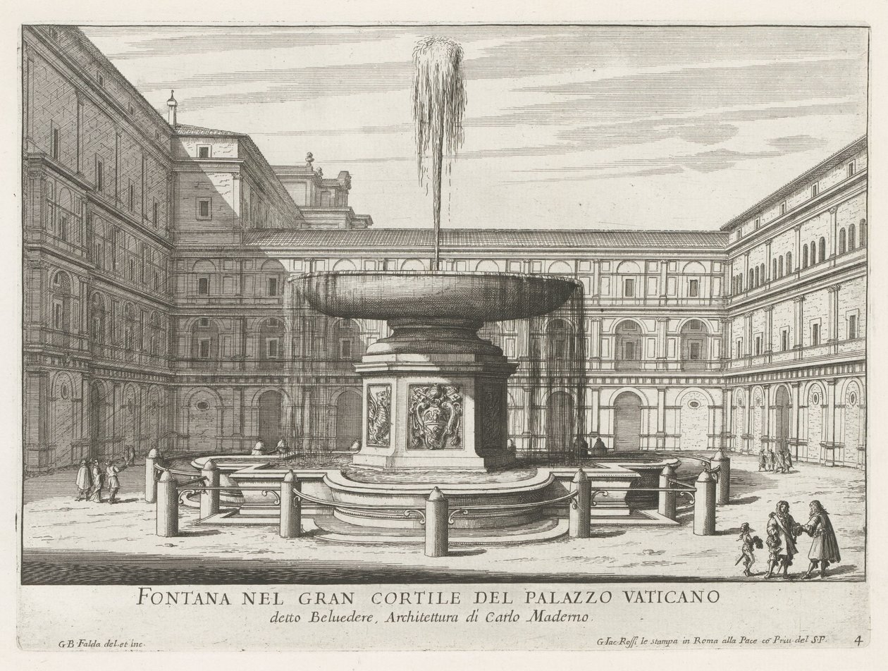Fontein in de Cortile del Belvedere in het Vaticaan
Fonte no Grande Pátio do Palácio do Vaticano (título sobre o objecto)
Fontes de Roma (título da série)
Fonteinen van Rome (título da série) de Giovanni Battista Falda