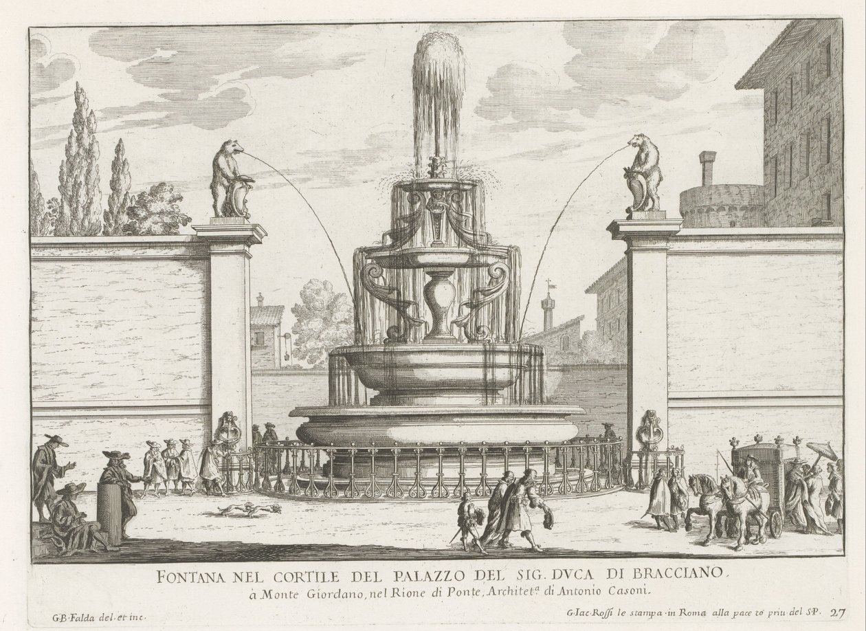 Fontein in de binnenplaats van Palazzo Taverna te Rome Fonte no pátio do Sr. duque de Bracciano (título no objeto) Fontes de Roma (título da série) Fonteinen van Rome (título da série) de Giovanni Battista Falda
