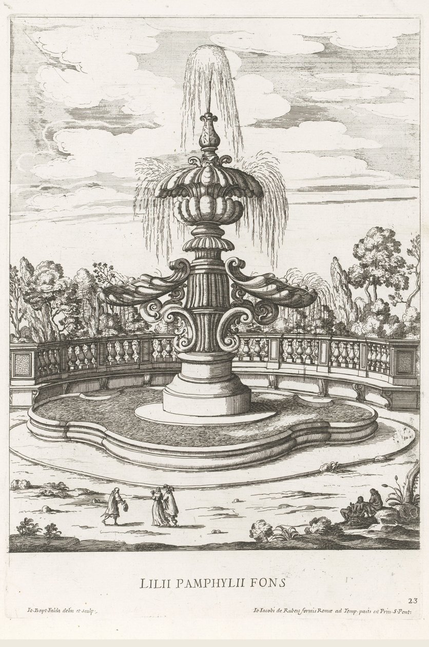 Fonte nos jardins de Villa Doria Pamphilj em Roma
Lilii Pamphylii fons (título sobre o objecto)
Le fontane ne palazzi e ne giardini di Roma (título da série)
Fontes nos palácios e jardins de Roma (título da série) de Giovanni Battista Falda