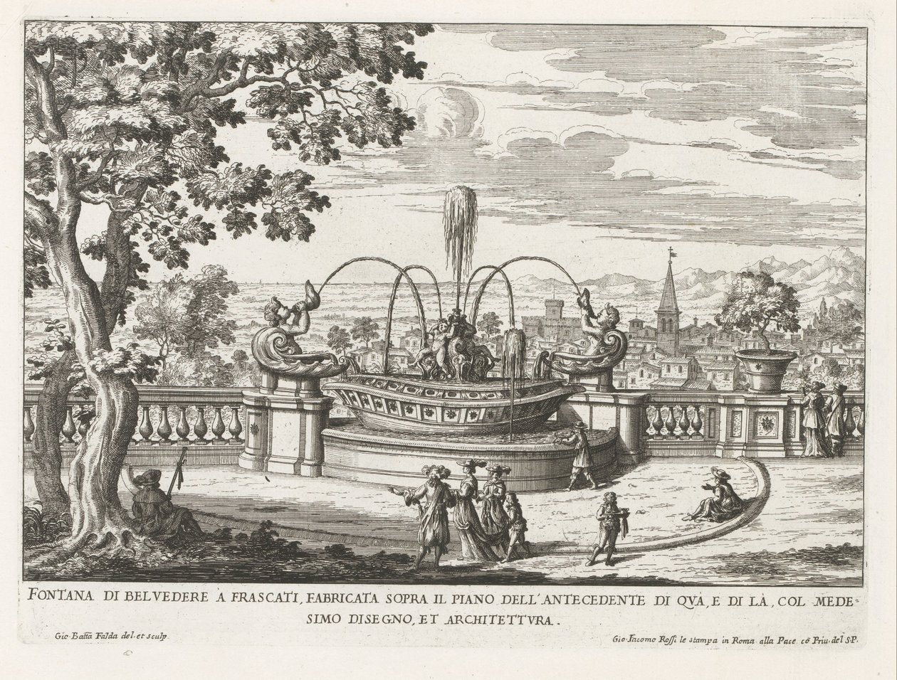 Fontein in de tuinen van de Villa Aldobrandini te Frascati
Fonte de Belvedere em Frascati, construída acima do piso do precedente aqui (...) (título sobre o objecto)
Fontes das vilas de Frascati (título da série)
Fonteinen van Frascati (título da série) de Giovanni Battista Falda