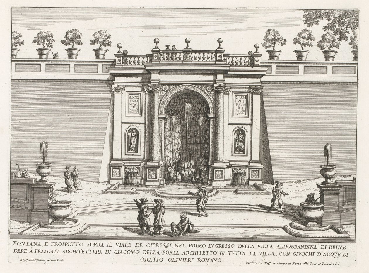 Fontein in de tuinen van de Villa Aldobrandini te Frascati
Fonte e elevação acima da avenida do cipreste (...) (título sobre o objecto)
Fontes nas vilas de Frascati (título da série)
Fonteinen van Frascati (título da série) de Giovanni Battista Falda