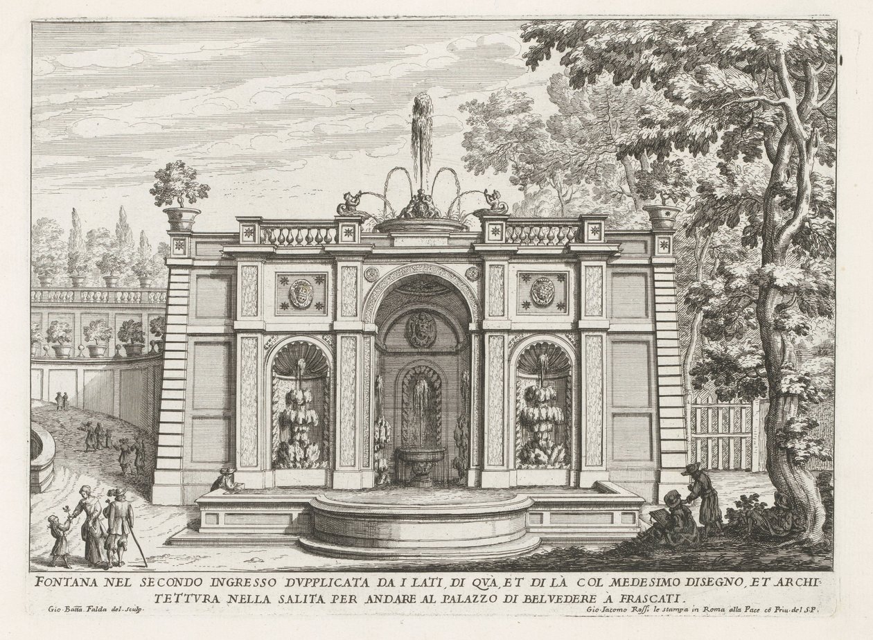 Fontein in de tuinen van de Villa Aldobrandini te Frascati
Fonte na segunda entrada dupplicata da i lati (...) (título sobre o objecto)
Fontes nas vilas de Frascati (título da série)
Fonteinen van Frascati (título da série) de Giovanni Battista Falda