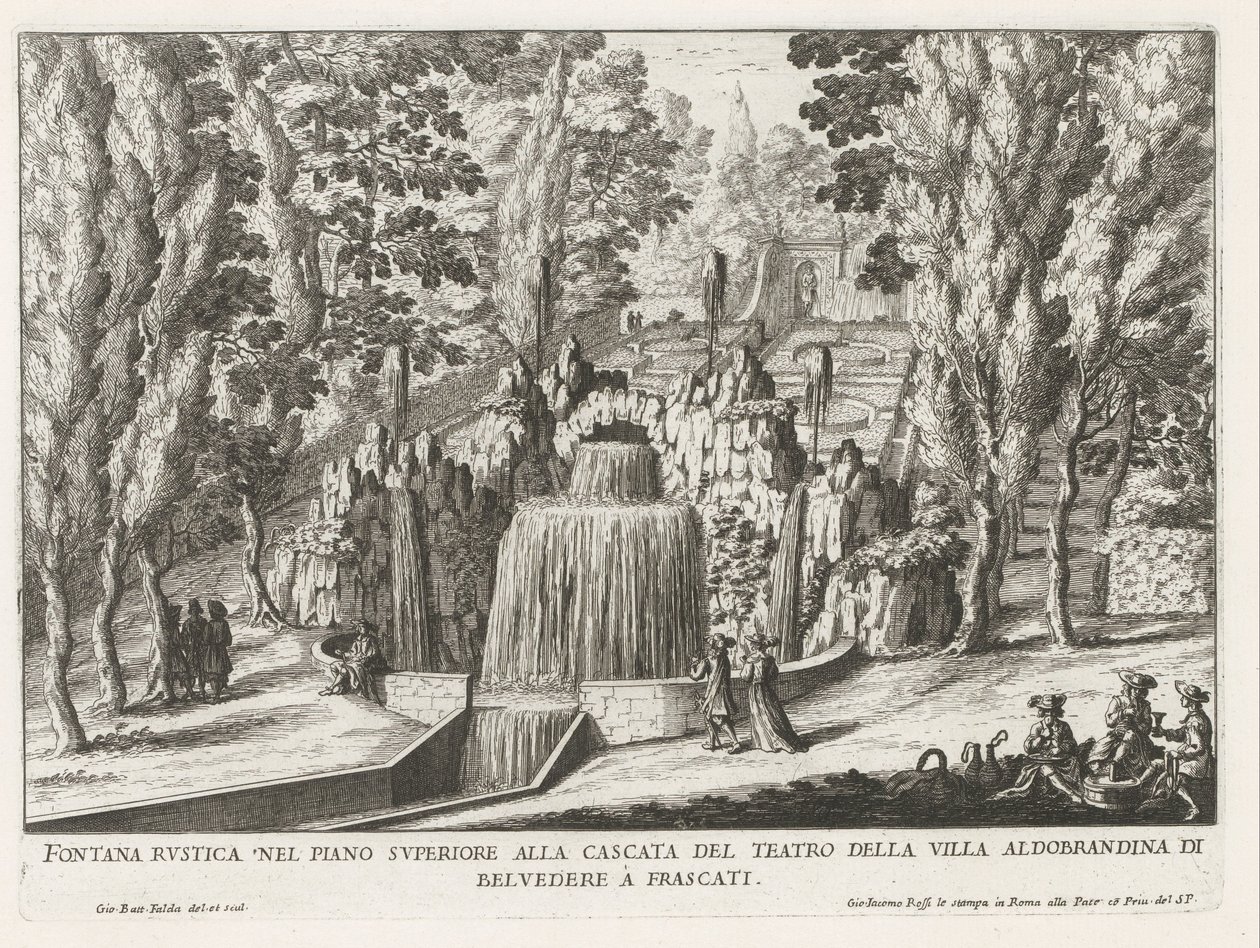 Fontein in de tuinen van de Villa Aldobrandini te Frascati
Fonte rústica no piso superior da cascata do teatro (...) (título sobre o objecto)
Fontes nas vilas de Frascati (título da série)
Fonteinen van Frascati (título da série) de Giovanni Battista Falda