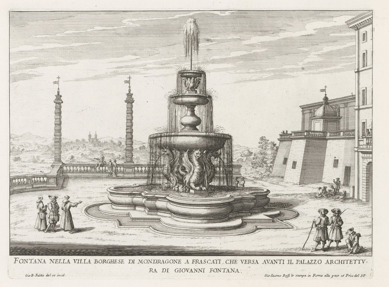 Fontein in de tuinen van de Villa Mondragone te Frascati
Fonte na Villa Borghese de Mondragone em Frascati (...) (título sobre o objecto)
Fontes nas vilas de Frascati (título da série)
Fonteinen van Frascati (título da série) de Giovanni Battista Falda