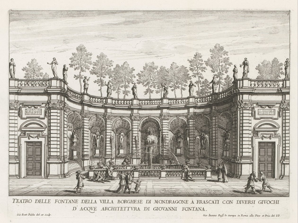 Fontein in de tuinen van de Villa Mondragone te Frascati Teatro das fontes da Villa Borghese de Mondragone em Frascati (...) (título no objeto) Fontes das vilas de Frascati (título da série) Fonteinen van Frascati (título da série) de Giovanni Battista Falda