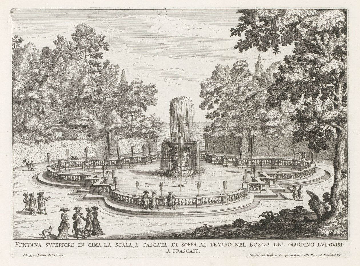 Fontein in de tuinen van de Villa Torlonia te Frascati
Fonte superior no cimo das escadas e cascata acima do teatro (...) (título sobre o objecto)
Fontes nas vilas de Frascati (título da série)
Fonteinen van Frascati (título da série) de Giovanni Battista Falda