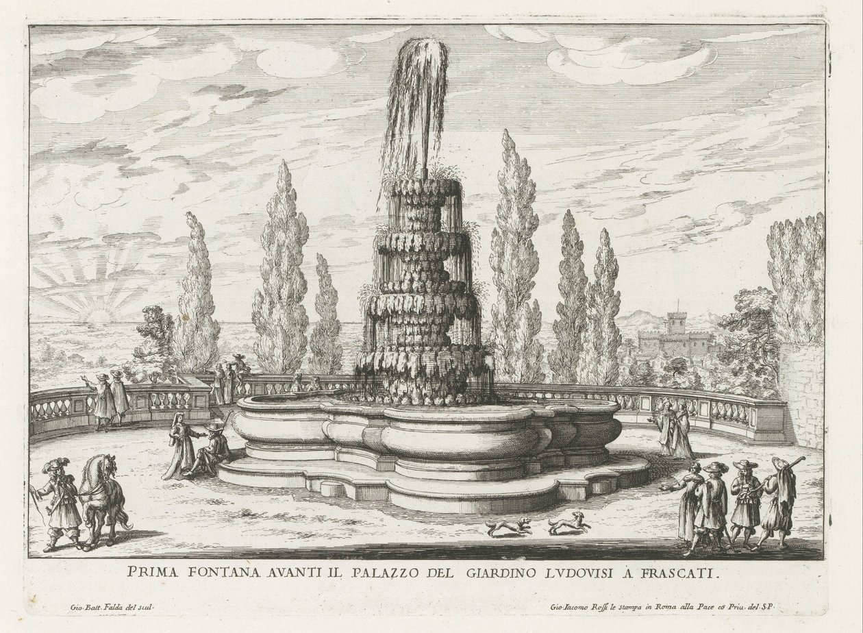 Fontein in de tuinen van de Villa Torlonia te Frascati
Primeira fonte em frente ao Palácio do Jardim Ludovisi em Frascati (título sobre o objecto)
Fontes nas vilas de Frascati (título da série)
Fonteinen van Frascati (título da série) de Giovanni Battista Falda