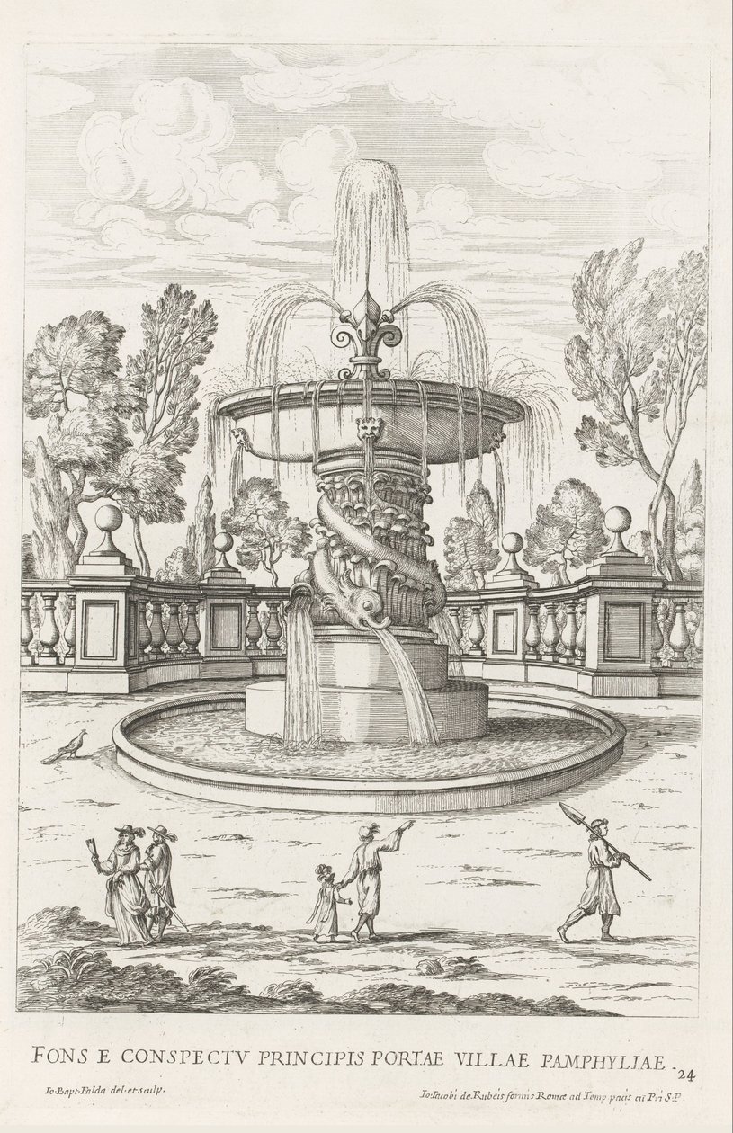 Fonte com golfinhos nos jardins de Villa Doria Pamphilj em Roma
Fons e conspectu principalis portae Villae Pamphyliae (título sobre o objecto)
Le fontane ne palazzi e ne giardini di Roma (título da série)
Fontes nos palácios e jardins de Roma (série tit de Giovanni Battista Falda