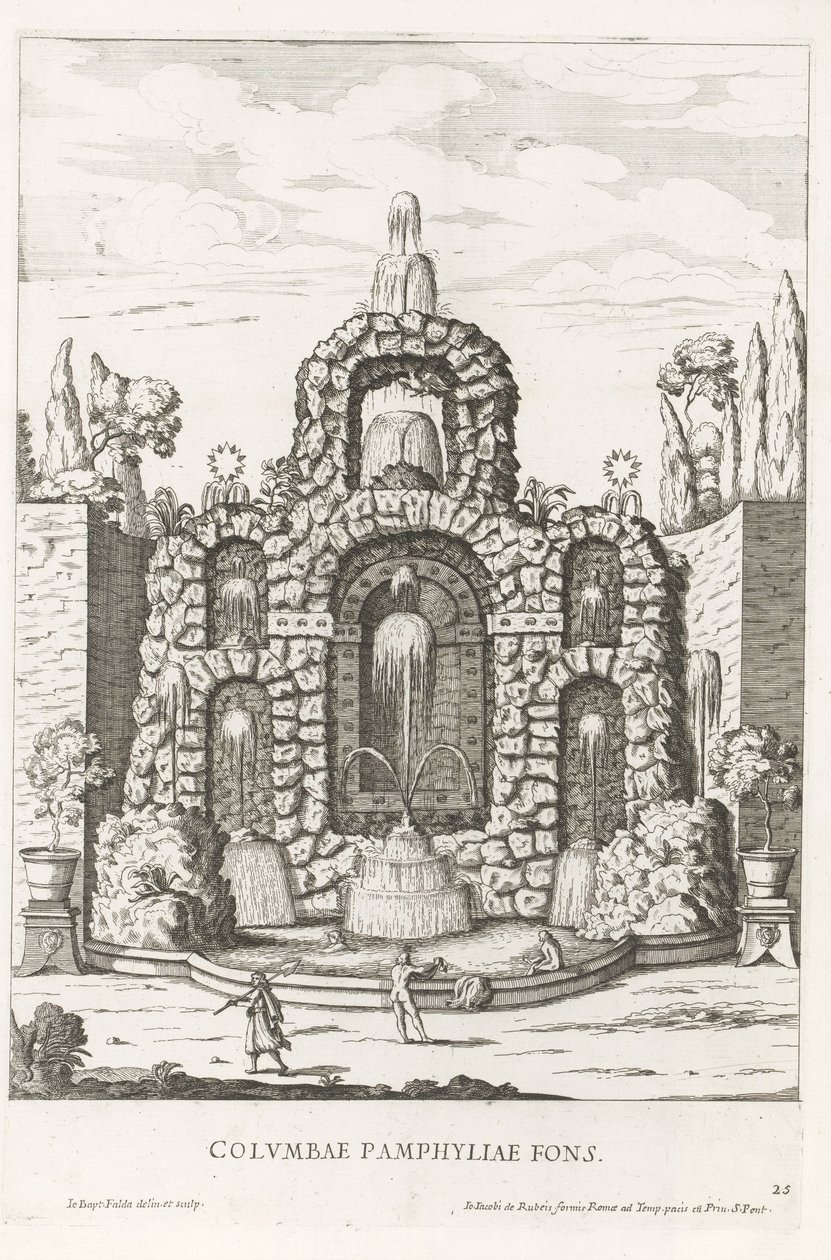 Fonte com pombos nos jardins da Villa Doria Pamphilj em Roma Columbae Pamphyliae fons (título no objeto) Le fontane ne palazzi e ne giardini di Roma (título da série) Fontes nos Palácios e Jardins de Roma (título da série) de Giovanni Battista Falda
