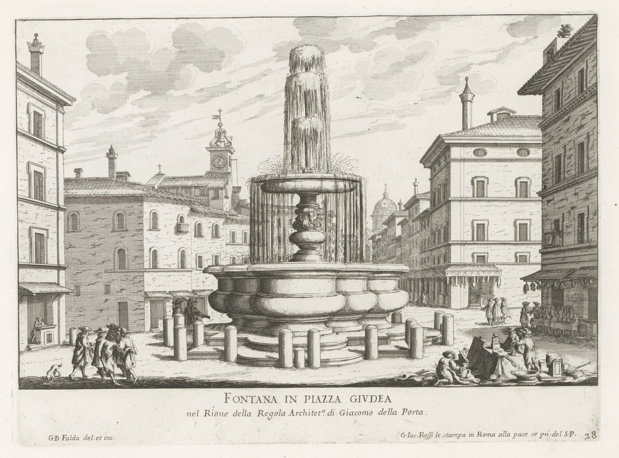 Fontein op Piazza Giudia te Rome Fonte na Piazza Giudea (título no objeto) Fontes de Roma (título da série) Fonteinen van Rome (título da série) de Giovanni Battista Falda