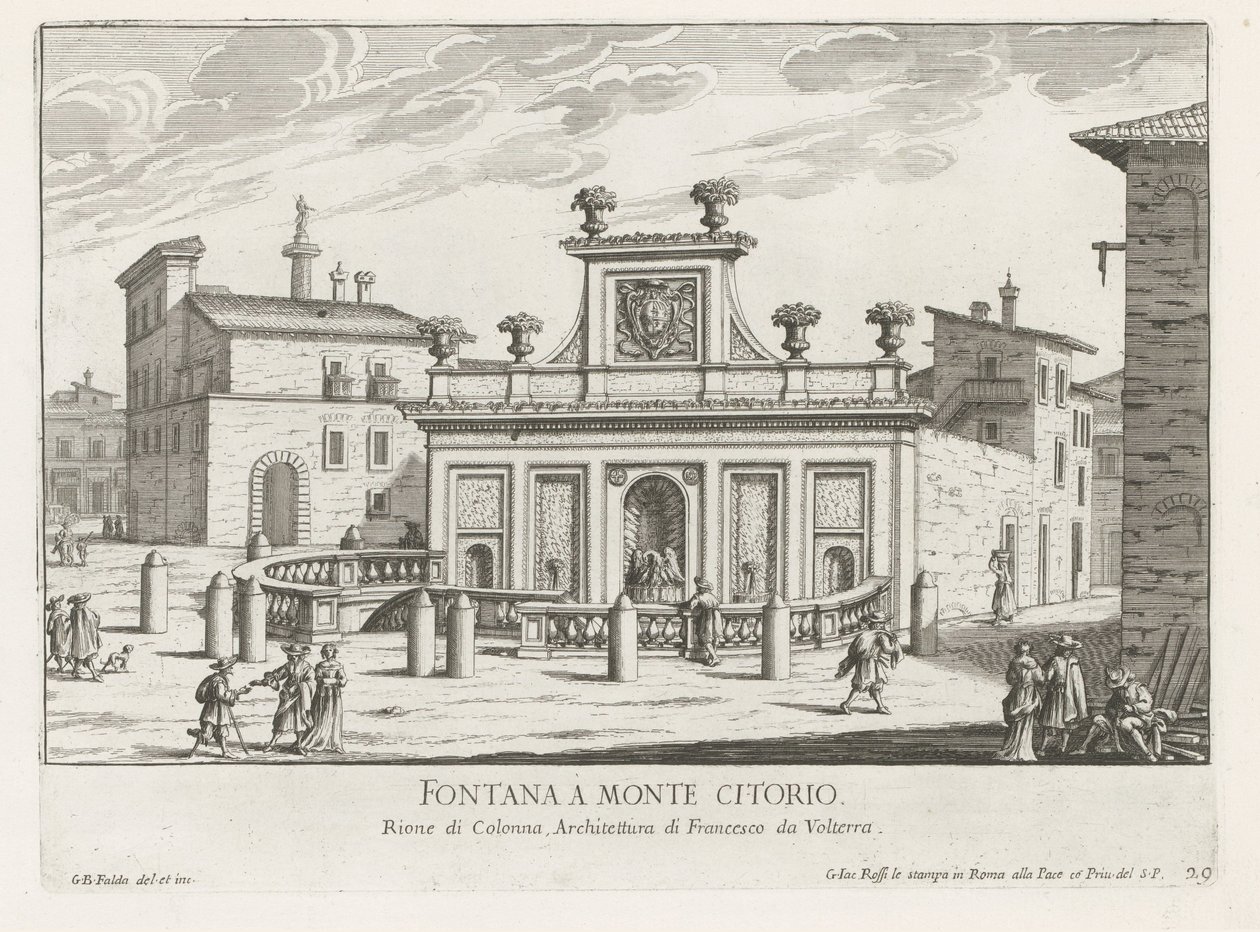 Fontein op Piazza Montecitorio te Rome
Fonte no Monte Citorio (título sobre o objecto)
Fontes de Roma (título da série)
Fonteinen van Rome (título da série) de Giovanni Battista Falda