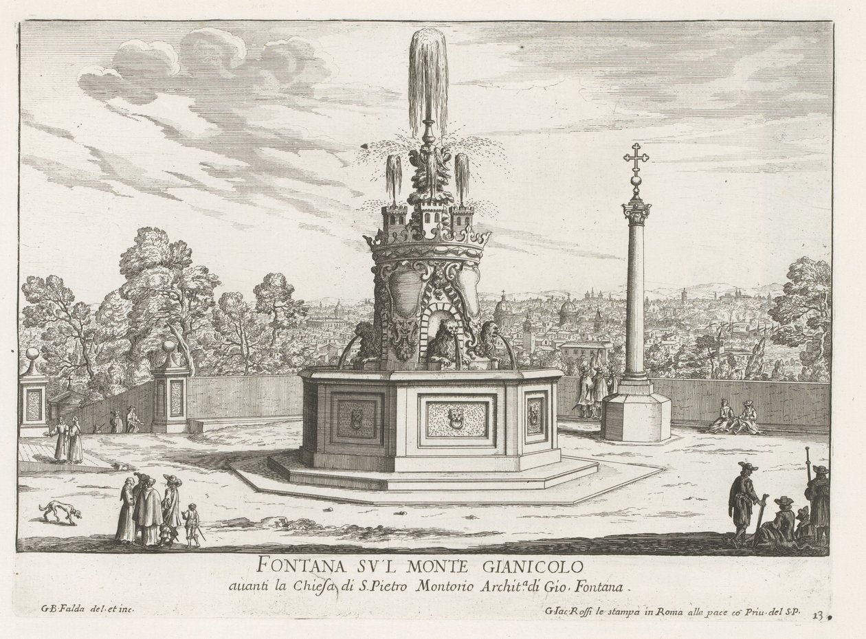 Fontein op Piazza San Pietro in Montorio op de Janiculumberg te Rome
Fonte no Monte Janiculum (título sobre o objecto)
Fontes de Roma (título da série)
Fonteinen van Rome (título da série) de Giovanni Battista Falda