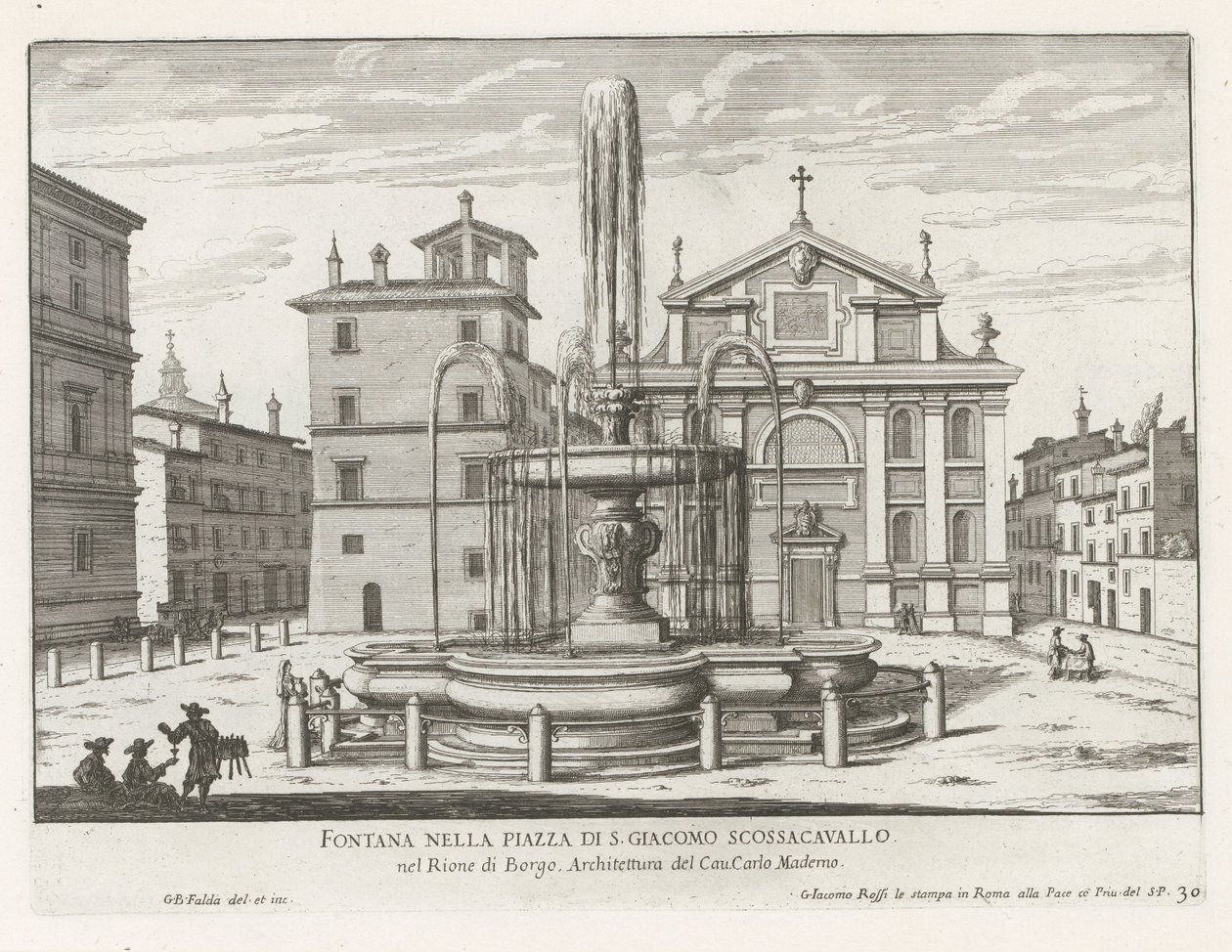 Fontein op Piazza Scossacavalli te Roma
Fonte na Piazza di S. Giacomo Scossacavallo (título sobre o objecto)
Fontes de Roma (título da série)
Fonteinen van Rome (título da série) de Giovanni Battista Falda