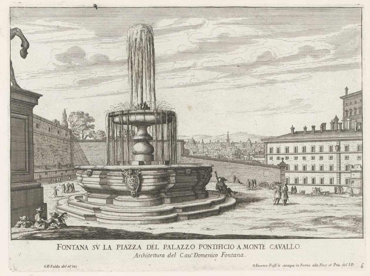 Fontein op Piazza del Quirinale te Roma Fonte na praça do Palácio Papal em Monte Cavallo (título no objeto) Fontes de Roma (título da série) Fonteinen van Rome (título da série) de Giovanni Battista Falda