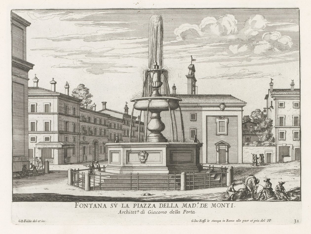 Fontein op Piazza della Madonna dei Monti te Roma Fonte na Piazza della Mad.a de Monti (título no objeto) Fontes de Roma (título da série) Fonteinen van Rome (título da série) de Giovanni Battista Falda